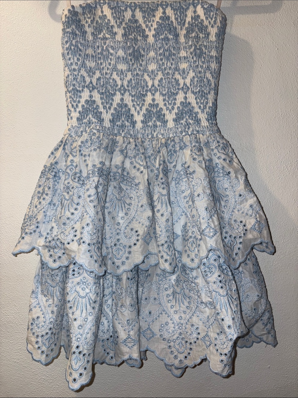 Windsor Size Small White Dress with Light Blue Eyelet and Smocking